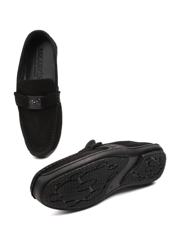 Men's Black Natural Suede Loafers with Metal Accessory