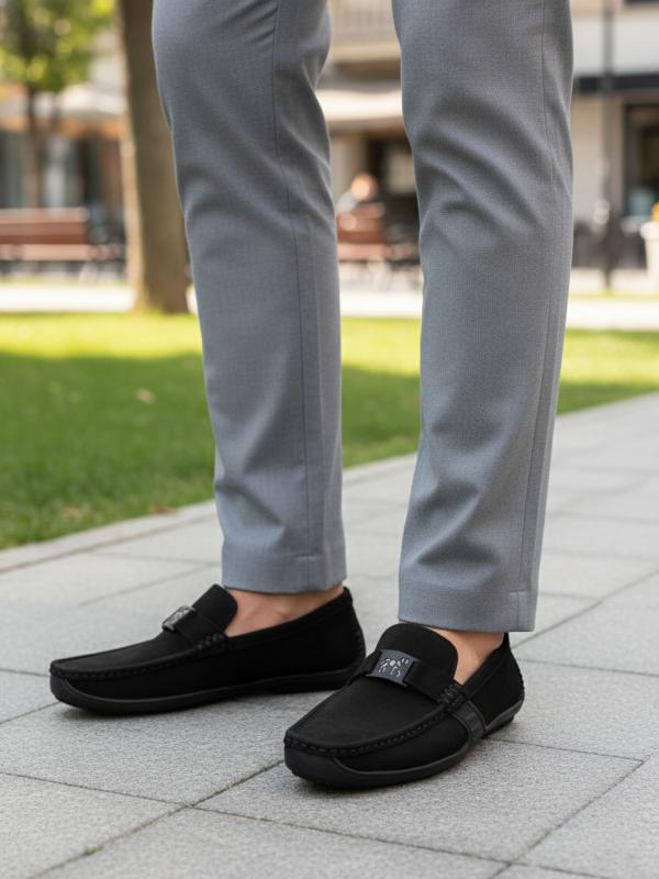 Men's Black Natural Suede Loafers with Metal Accessory
