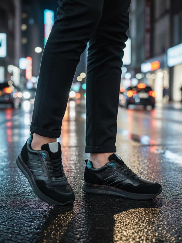 Black Men's Sneakers with Natural Leather and Suede Combination