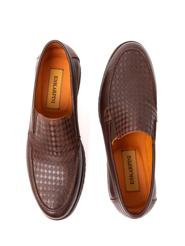 Eskarpini Doğal Deri Erkek Loafer – Kahverengi Geometrik Desenli