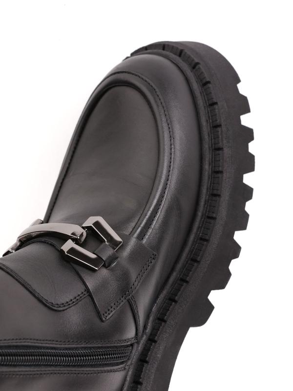 Черные Женские Ботинки из Натуральной Кожи на Толстой Подошве с Цепочкой