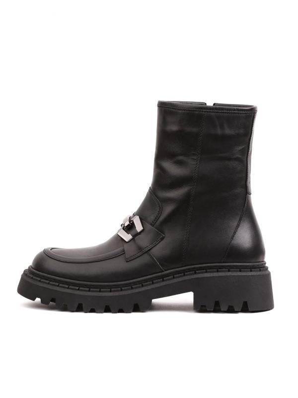 Черные Женские Ботинки из Натуральной Кожи на Толстой Подошве с Цепочкой