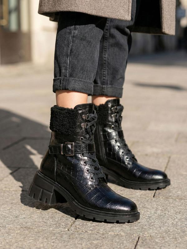 Premium Crocodile Embossed Black Natural Leather Women's Boots