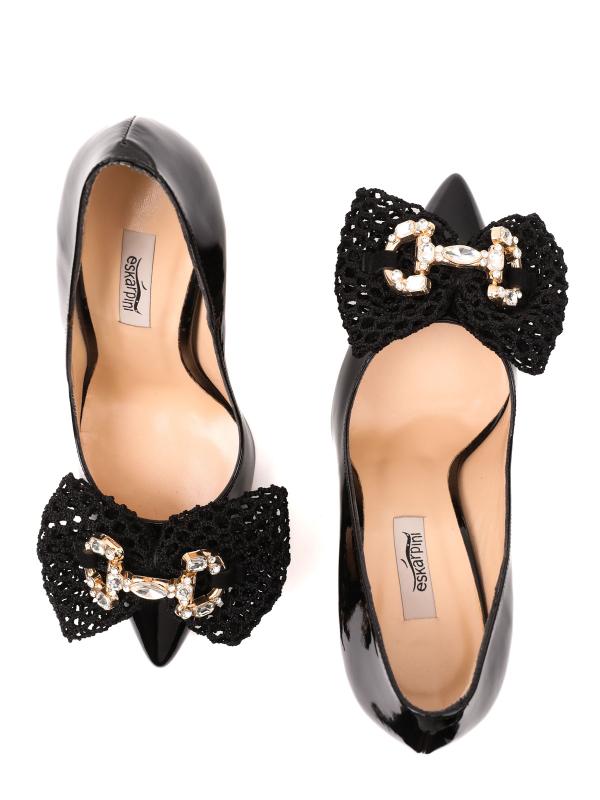 Black Natural Patent Leather Stiletto with Guipure Band and Stone Accessory - 10 cm