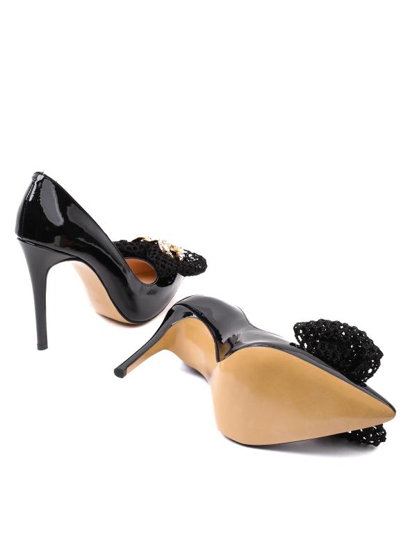 Black Natural Patent Leather Stiletto with Guipure Band and Stone Accessory - 10 cm