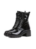 Black Shiny Real Leather Chunky Sole Women's Boots