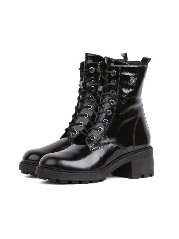Black Shiny Real Leather Chunky Sole Women's Boots