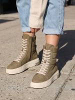 Natural Leather Khaki Sport-Style Platform Women's Boots