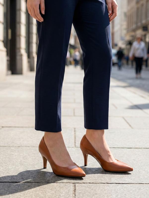 Natural Leather Tan Classic High Heel Shoes - 6 cm