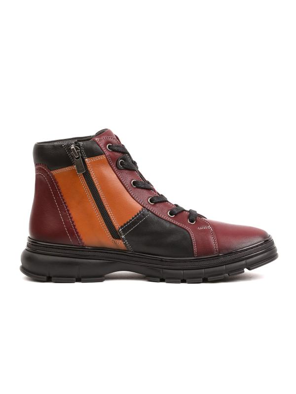 Trio Style Genuine Leather Women's Boots – Burgundy, Black, and Orange Combination