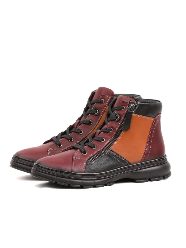 Trio Style Genuine Leather Women's Boots – Burgundy, Black, and Orange Combination