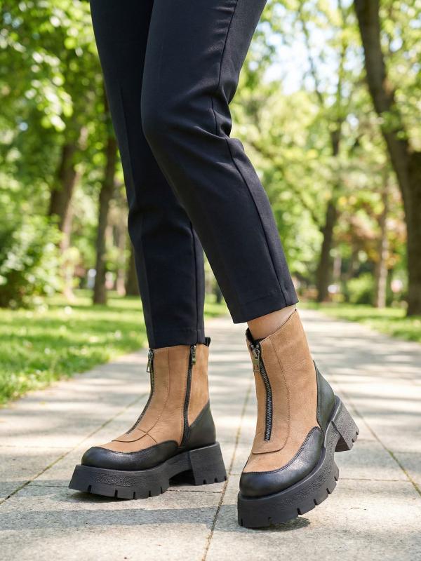 Front Zipper Chunky Sole Two-Tone Genuine Leather Women's Boots
