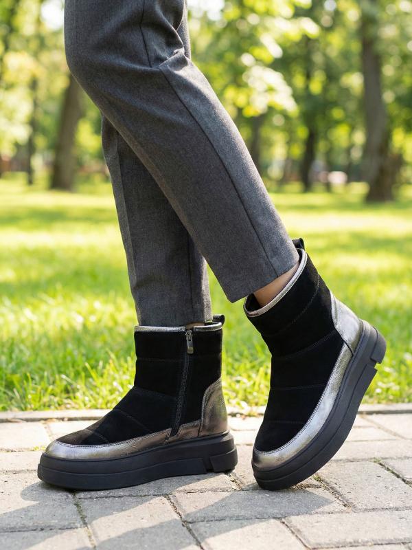 Black Suede and Silver Detailed Real Leather Women's Boots