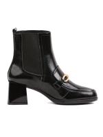 Black Natural Leather Women's Boots with Gold Chain Accessory - Block Heel