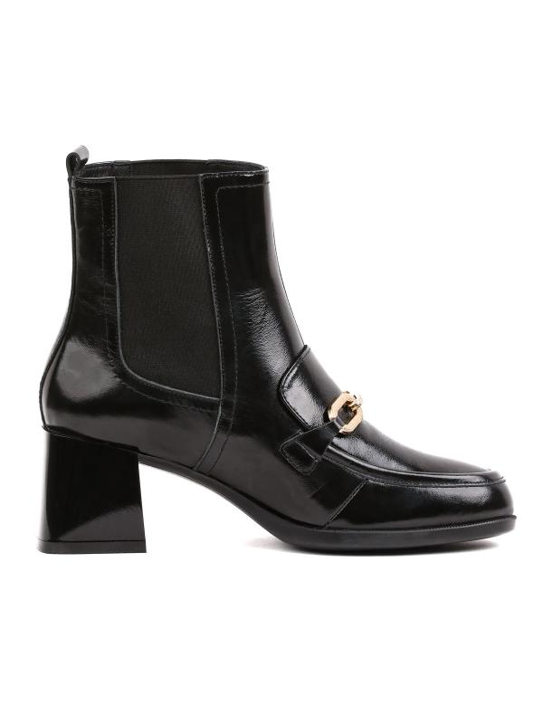 Black Natural Leather Women's Boots with Gold Chain Accessory - Block Heel