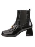 Black Natural Leather Women's Boots with Gold Chain Accessory - Block Heel