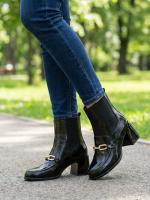 Black Natural Leather Women's Boots with Gold Chain Accessory - Block Heel