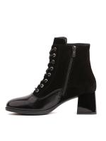 Black Natural Leather and Suede Combination Lace-Up Women's Boots with Patent Leather Toe Detail
