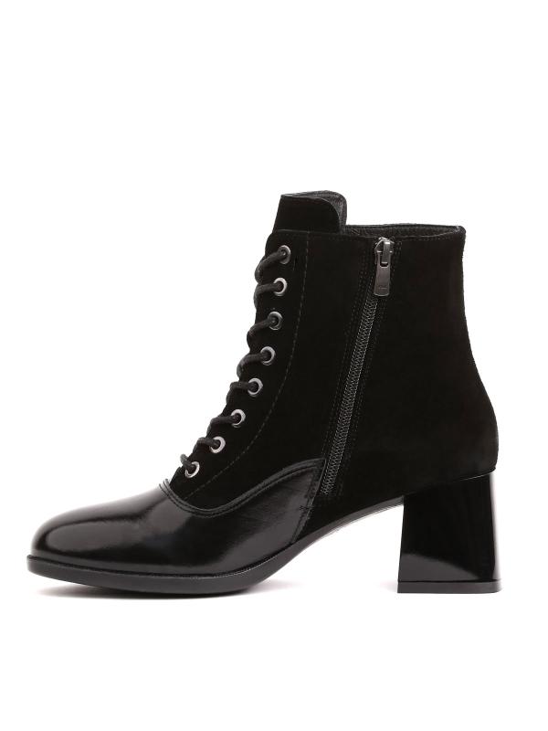 Black Natural Leather and Suede Combination Lace-Up Women's Boots with Patent Leather Toe Detail
