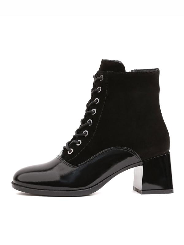 Black Natural Leather and Suede Combination Lace-Up Women's Boots with Patent Leather Toe Detail