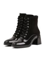 Black Natural Leather and Suede Combination Lace-Up Women's Boots with Patent Leather Toe Detail