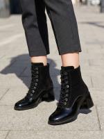 Black Natural Leather and Suede Combination Lace-Up Women's Boots with Patent Leather Toe Detail