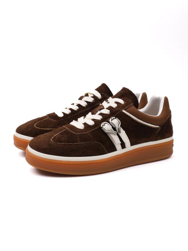 Natural Leather Brown - Women's Sneakers with Heart Buckle and Platform Sole