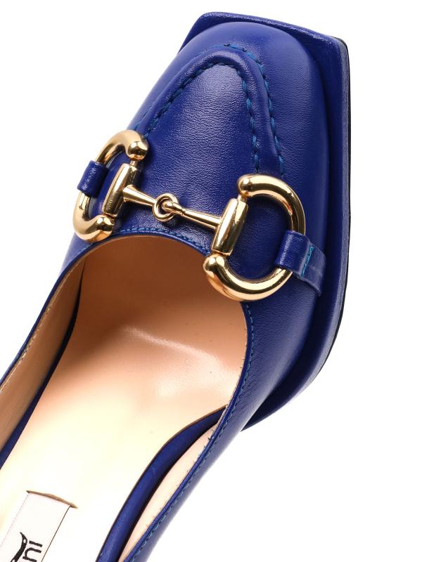 Blue Block Heel Women's Shoes with Gold Accessory