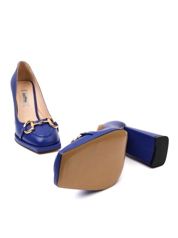 Blue Block Heel Women's Shoes with Gold Accessory