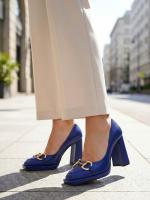 Blue Block Heel Women's Shoes with Gold Accessory