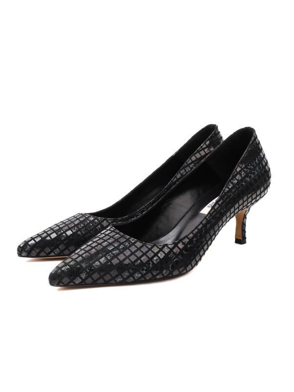 Black Geometric Patterned Genuine Leather Stilettos - 6 cm