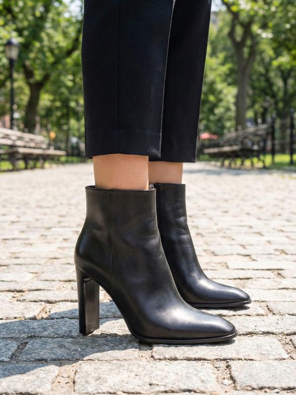Genuine Leather Block Heel Black Women's Boots