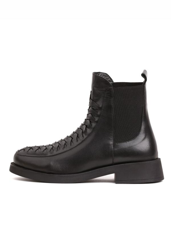 Real Leather Woven Pattern Black Chelsea Boots