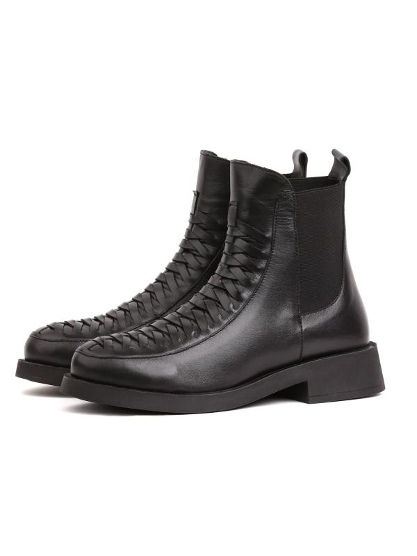 Real Leather Woven Pattern Black Chelsea Boots