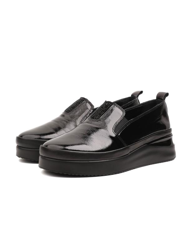 Natural Dəri Qara Laklı Platforma Slip-on