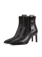 Gold Detailed Black Genuine Leather Heeled Ankle Boots