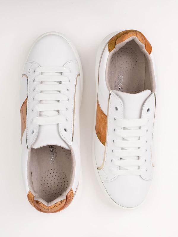 Map Pattern Real Leather Women's Sneakers Beyaz