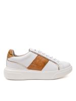 Map Pattern Real Leather Women's Sneakers Beyaz