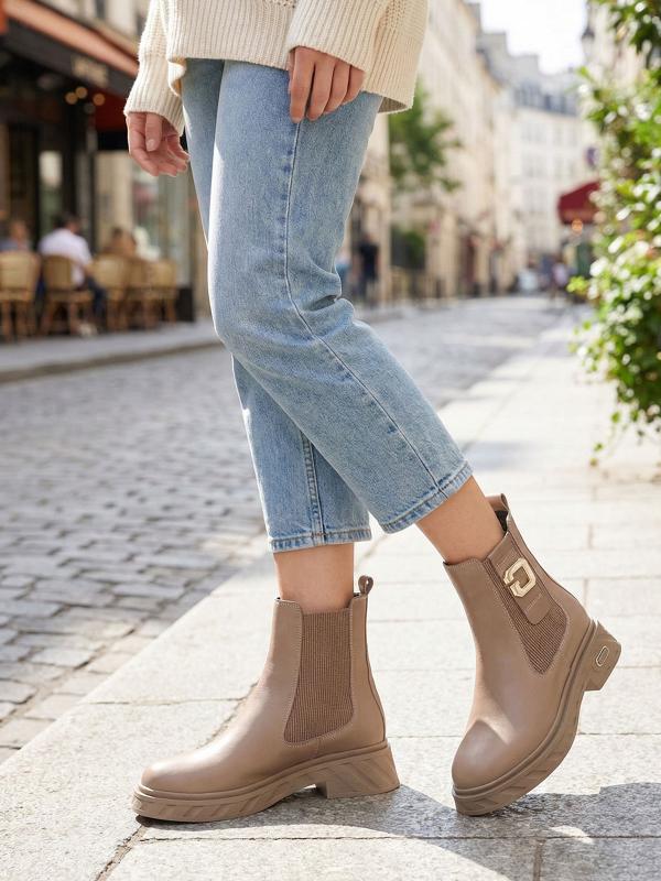 Mink Colored Genuine Leather Women's Chelsea Boots with Gold Accessory