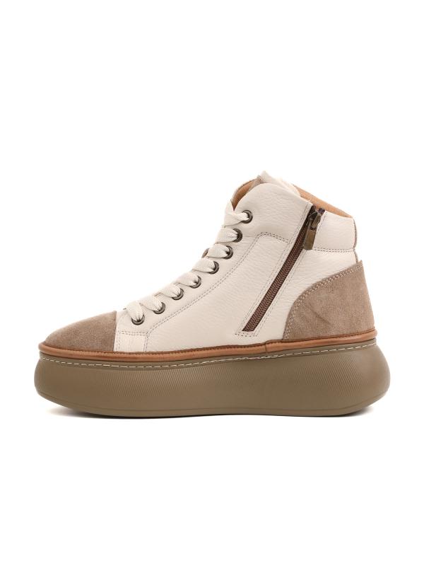 Cream-Beige Platform Women's Sneaker-Boot with Genuine Leather and Suede Details