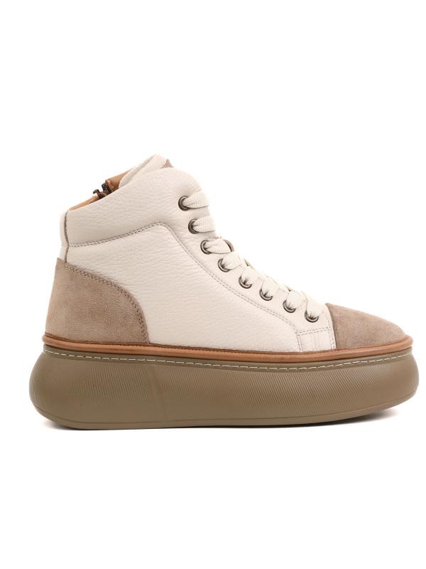 Cream-Beige Platform Women's Sneaker-Boot with Genuine Leather and Suede Details