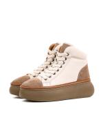 Cream-Beige Platform Women's Sneaker-Boot with Genuine Leather and Suede Details