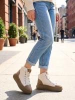 Cream-Beige Platform Women's Sneaker-Boot with Genuine Leather and Suede Details