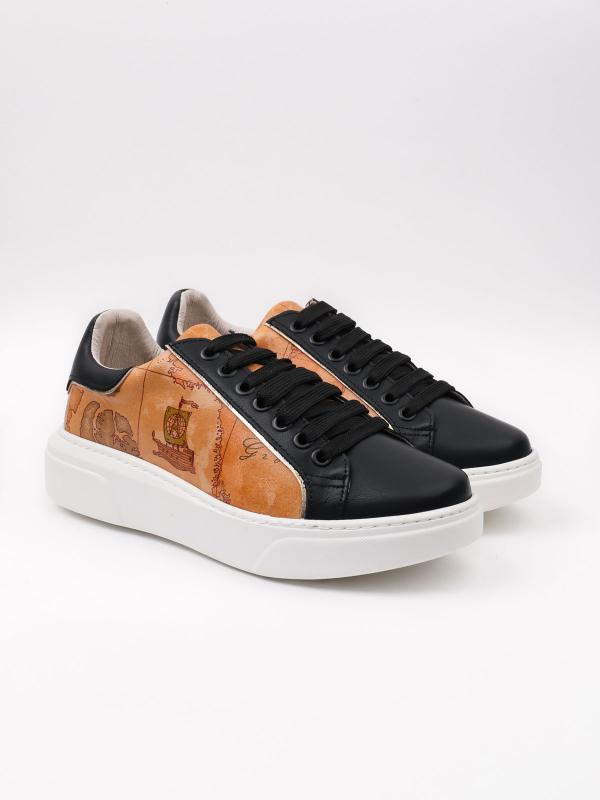 Antique Map Patterned Genuine Leather Women's Sneaker