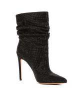 Crystal Embellished Slouchy Design Black Nubuck Mid-Calf Boots (10 cm)