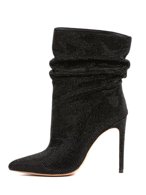Crystal Embellished Slouchy Design Black Nubuck Mid-Calf Boots (10 cm)