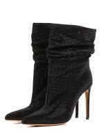 Crystal Embellished Slouchy Design Black Nubuck Mid-Calf Boots (10 cm)