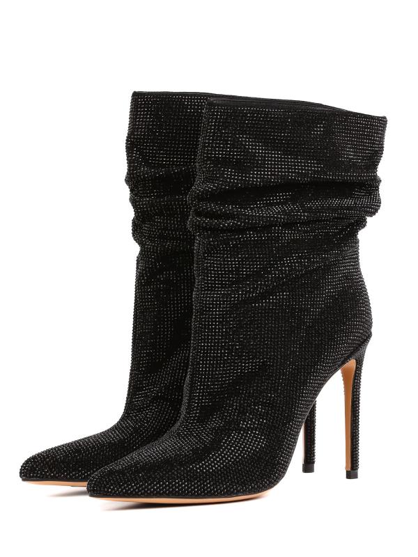 Crystal Embellished Slouchy Design Black Nubuck Mid-Calf Boots (10 cm)