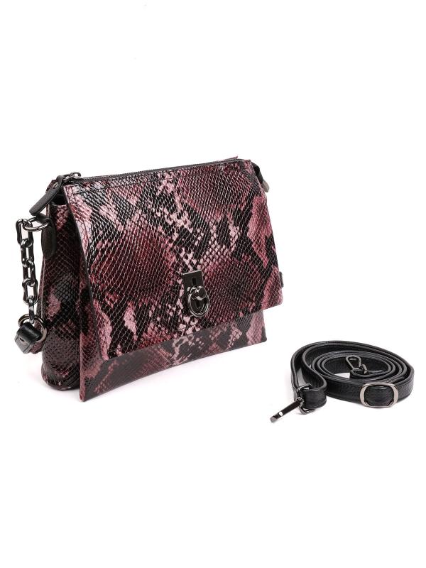 Natural Leather Snake Pattern Chain Detail Women's Shoulder Bag - Burgundy