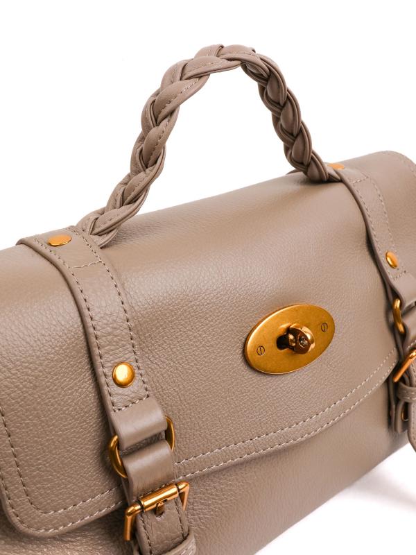 Genuine Leather Beige Women's Bag with Braided Handle